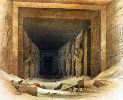 拉美西斯二世（拉美西斯--公元前 1304-1237 年）的巨型石灰石雕像。卡尔-理查德-莱普修斯（1810-1884 年），普鲁士埃及学家，石版画。每尊雕像都手持象征王权的弯刀和连枷。 作者 