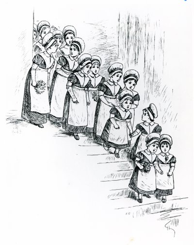 慈善儿童，约1880年（雕刻）。 作者 凯特·格林威（Kate Greenaway）