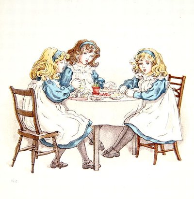 女孩茶会，插图来自《四月宝宝的曲谱》。 作者 凯特·格林威（Kate Greenaway）