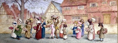 16个孩子抬着花的队伍，约1876年（纸上水彩）。 作者 凯特·格林威（Kate Greenaway）