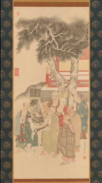 十罗汉在检查白袍观音的画，1792年。 作者 加藤信清