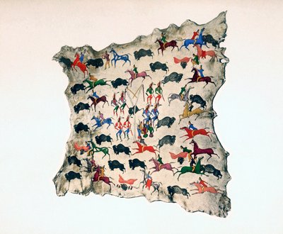 北美肖肖尼印第安人的麋鹿皮，显示水牛狩猎，20世纪 作者 卡齐科迪
