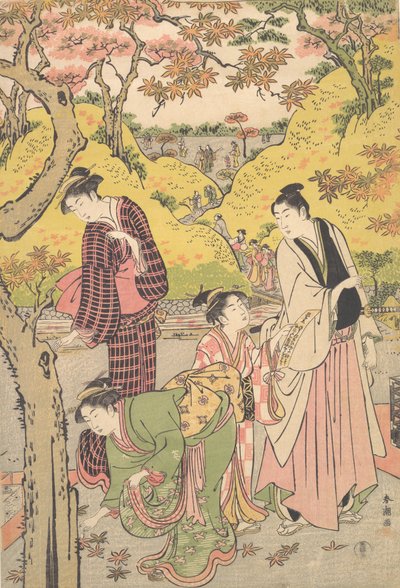 一个年轻人，两个年轻女人和一个女孩在野餐聚会，约1789年。 作者 胜川俊町