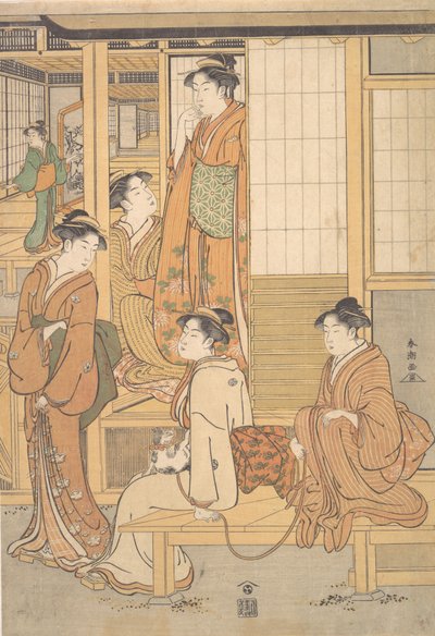 茶馆长廊上的年轻妇女群，18世纪末。 作者 胜川俊町
