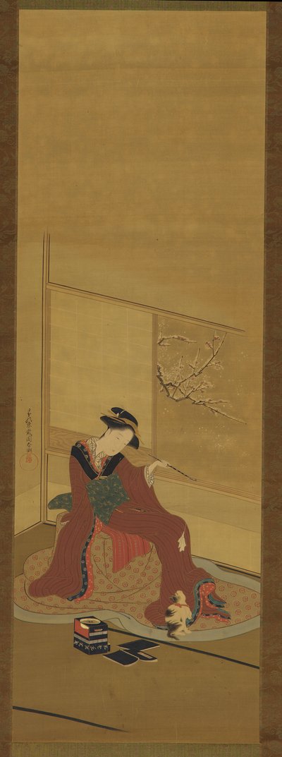 室内：一个女孩和一只小猫，江户时期，18世纪末。 作者 胜川俊町