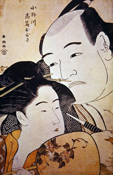 日本摔跤手Onagawa和茶馆女孩Ohisa，约1792年（木版画） 作者 胜川俊町