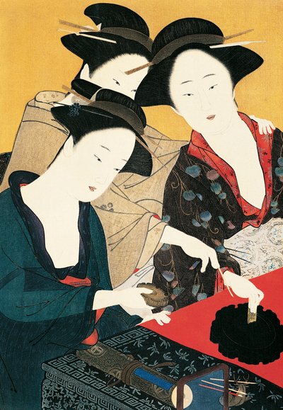三个女人围着墨水池，胜川顺昌画派的艺术家（1726-1792），日本，日本文明 作者 胜川俊町