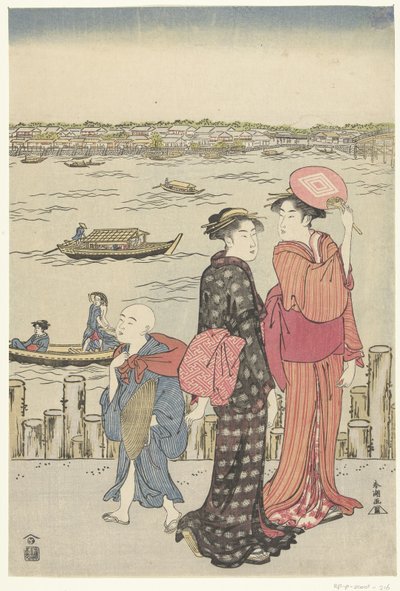 河边码头上的两个女人和一个男孩。 作者 胜川俊町