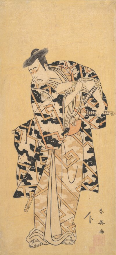 演员Ichikawa Yaozo III扮演身穿雷袍的Fuwa Banzaemon，拿着扇子玩耍，1794年。 作者 胜川俊英
