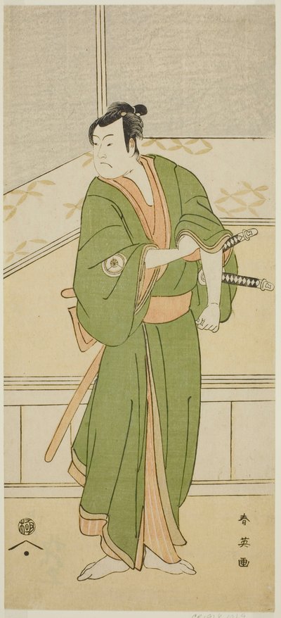 1793 年 2 月在川崎剧场演出的《五千狩相扑曾我》中饰演白井贡八的演员岩井半四郎。 作者 胜川俊英