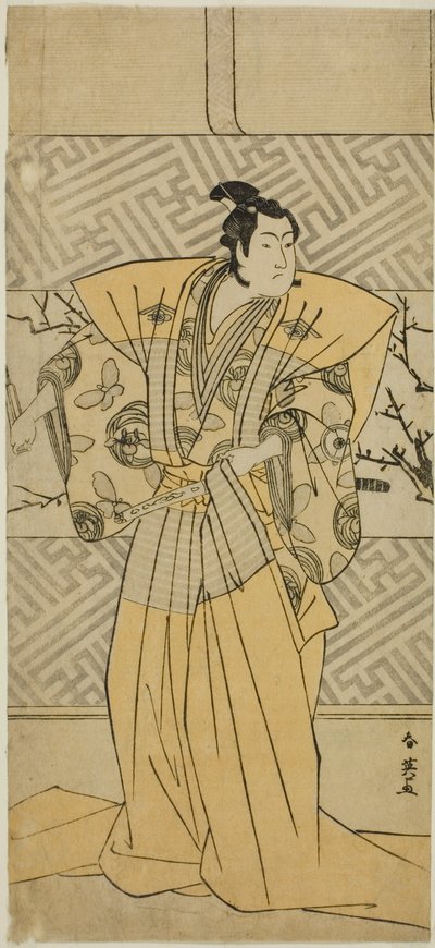 1789 年正月在市村剧场演出的戏剧《曾我的鲤鱼金垣曾我》中饰演曾我五郎时宗的演员岩井半四郎。 作者 胜川俊英