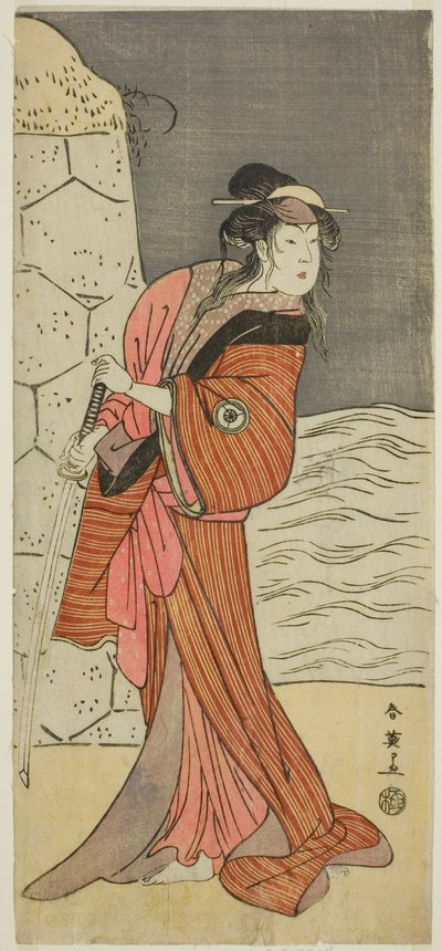 1792年3月在川崎剧院（？）演出的《京成小金姬》（？）中饰演八重石之御禄的演员岩井半四郎（？ 作者 胜川俊英