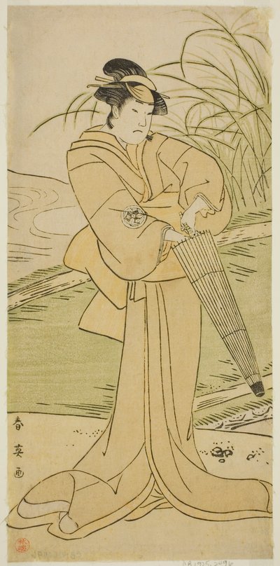 1795 年 5 月在桐剧场演出的话剧《友木福之玉水》中饰演冈谷的演员山下金作二世 作者 胜川俊英