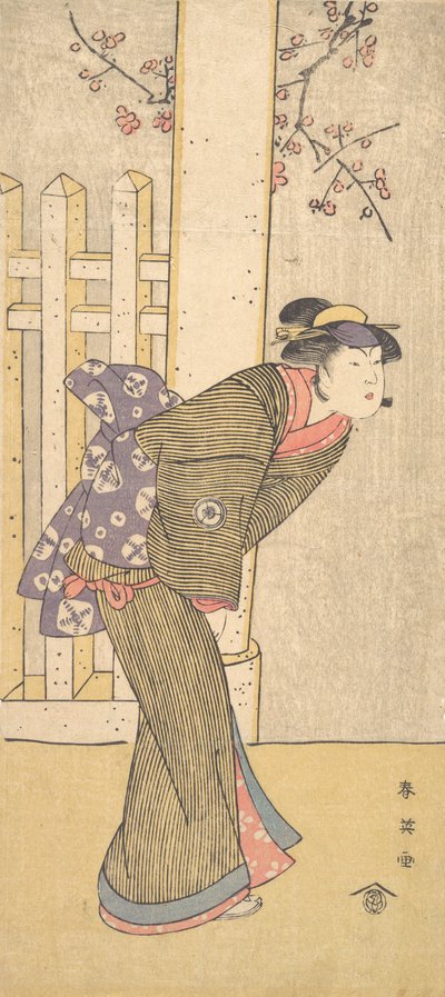 四世岩井半四郎扮演站在鸟居下的女子，约1791年。 作者 胜川俊英