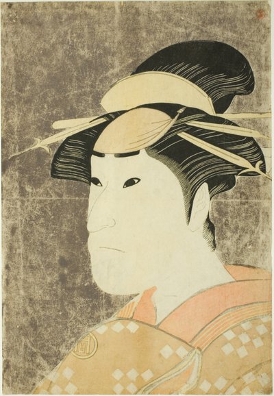1794 年 5 月，在宫古剧场上演的话剧《花名文禄曾我》中，饰演祗园妓女小奈代的演员佐野川一松三世。 作者 胜川俊英