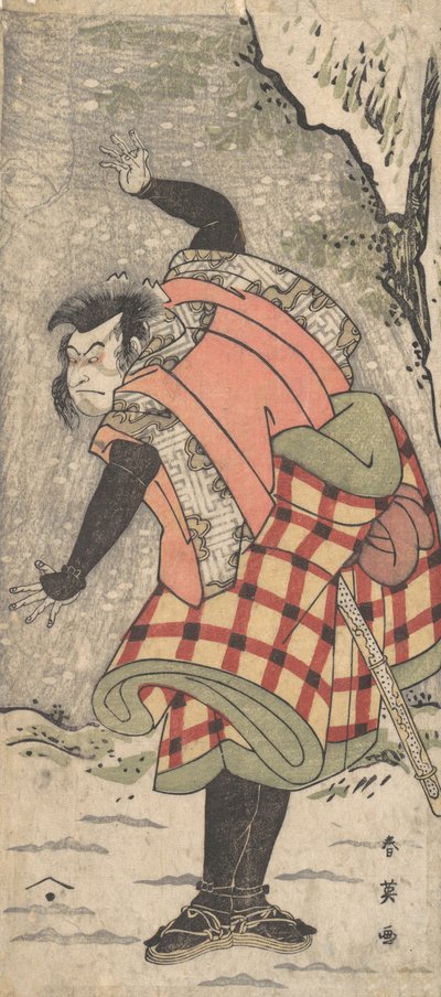 不明身份的演员在暴风雪中扮演站在悬崖脚下的京客，约1793年。 作者 胜川俊英