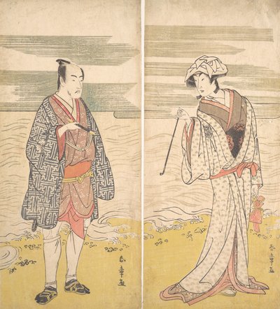 两位演员：第四位松本幸之助扮演穿着短和服的男子[左]，1779年。 作者 胜川俊城