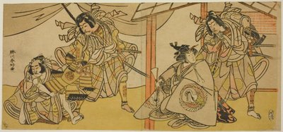 右页：演员 Bando Hikosaburo III 在《Ume-goyomi Akebono Soga》中饰演曾我五郎（右），Segawa Kikunojo IV 在《Onna Asahina》中饰演 Onna Asahina（左）；左页：饰演古郡新左卫门（左）的演员小野枝松介一世和饰演古郡新左卫门（右）的演员市川团十郎五世 作者 胜川俊康®̄