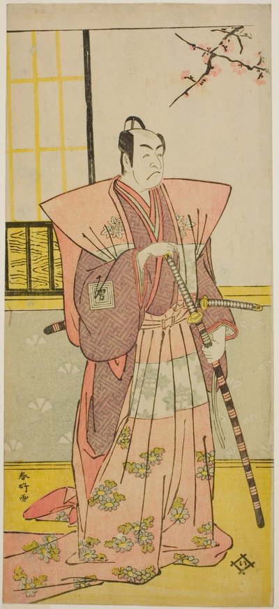 1790 年正月在中村剧场（？）上演的《春之西岐伊达丈曾我》中饰演小栗元之助的演员市川梅藏一世（？ 作者 胜川俊康®̄