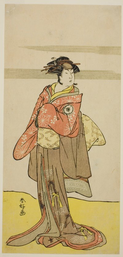 1783 年 3 月在中村剧场演出的《江户之花 Mimasu Soga》一剧中饰演伪装成艺伎 Oshun 的瞳丸的演员岩井半四郎（Iwai Hanshiro IV）。 作者 胜川俊康®̄