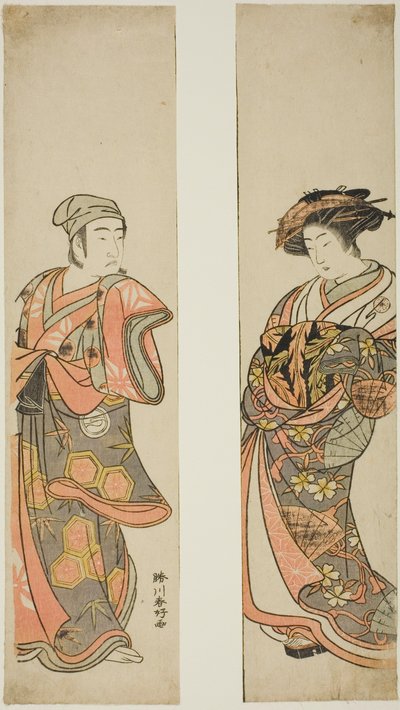 1779 年 11 月在市村剧场上演的话剧《东之森坂前草之木》中，饰演歌妓的演员中村富十郎一世（右）和假扮成大山村太郎的泽村宗十郎三世（左）。 作者 胜川俊康®̄