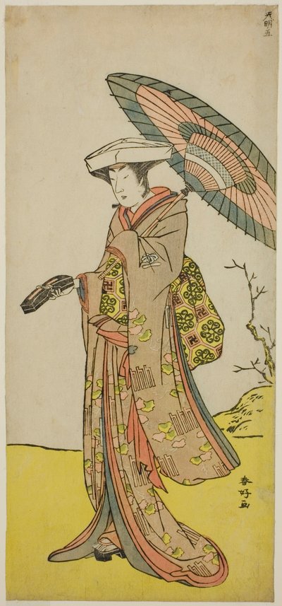 1785 年 11 月在中村剧场演出的《雪元取富丽源氏》中饰演伪装成穗积夫人（穗积御前）的钦斋八郎玉友的演员中山小十郎六世 作者 胜川俊康®̄