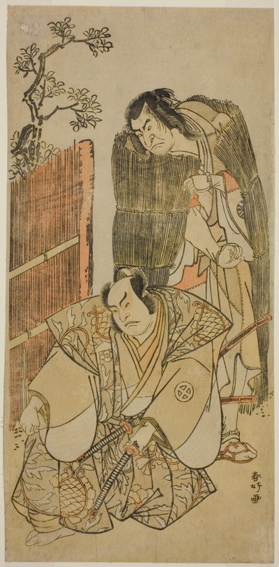 1783 年 3 月在市村剧场演出的戏剧《小吹半濑曾我》中饰演扮成乞丐的景清的演员中村中藏一世（右）和饰演鬼尾新左卫门的大谷弘治三世（左）。 作者 胜川俊康®̄