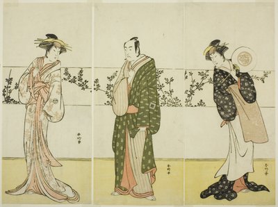 演员大佐川常代二世（右）、市川门之助二世（中）和濑川菊之条三世（左），可能在话剧《千代之初》中饰演御前美佐、松屋宗七和博多歌妓小十郎：翁户 作者 胜川俊康®̄
