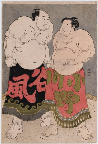 右图为小野川喜三郎摔跤手的全长肖像，左图为谷崎佳之助的全长肖像 作者 胜川俊子