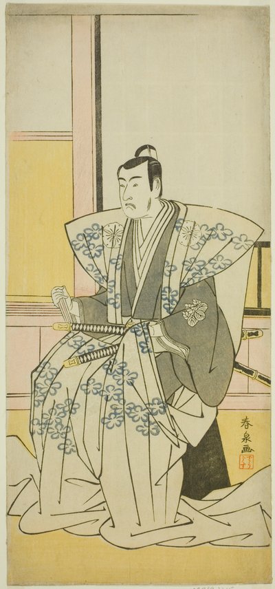 1789 年正月在中村剧场演出的话剧《江户之富士若柳曾我》中饰演鸠山重忠的演员松本小四郎。 作者 胜川顺森