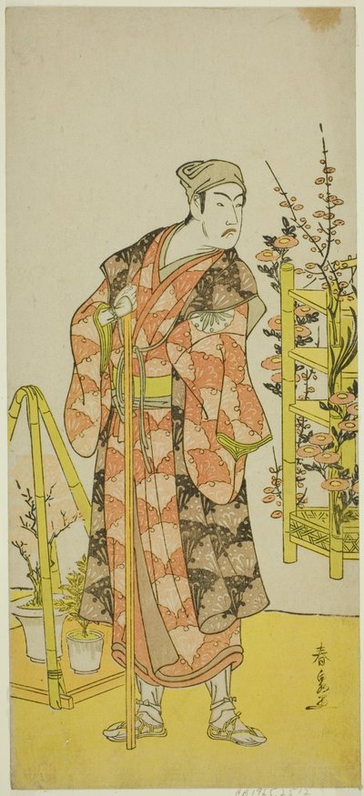 1781 年 11 月在市村剧场演出的话剧《Mukashi Otoko Yuki no Hinagata》中饰演植物贩子粟岛之米之助的演员松本小四郎 作者 胜川顺森
