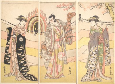 三个穿着漂亮服装的演员在表演宗教舞蹈，约1785年。 作者 胜川顺森