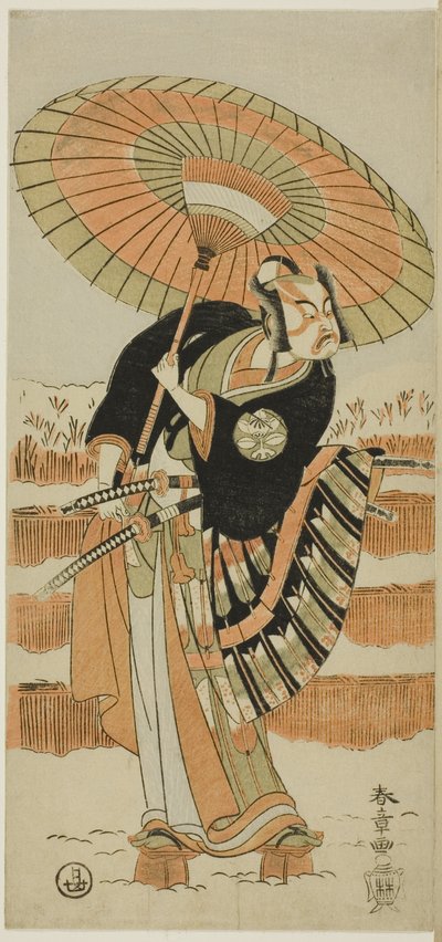 演员 Ichimura Uzaemon IX 饰演 Kajiwara Genta no Kagetoki（左），Segawa Kikunojô II 饰演 Yuki Onna（中），以及 Arashi Sangorô II 饰演 Minamoto no Yoritomo（右），在 "伊豆的棉絮保护婚姻菊花"（"Miyoto-giku Izu no kisew"）中。 作者 胜川俊章