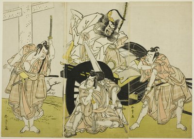 菅原的书法秘诀》（"Sugawara denju tenarai kagami"）中饰演藤原石平的演员中岛三右卫门二世、饰演松尾丸的演员市川惠比藏三世、饰演樱丸的演员市川耀宗二世和饰演梅丸的演员市村右左卫门九世。 作者 胜川俊章