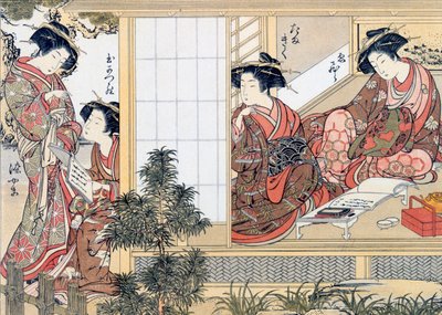 日本女宫女的阅读和写作，约1776年。 作者 胜川俊章