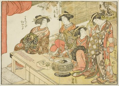 各家各户的四位歌妓，选自《妓院美女镜》（Seiro bijin awase sugata kagami），第 3 卷。 作者 胜川俊章