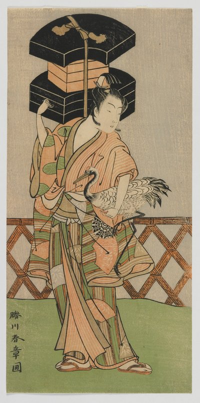 歌舞伎演员中村乃潮饰演扇子摊贩，江户时代，1770 年代中期（彩色木刻版画） 作者 胜川俊章