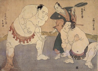 小野川喜三郎和谷风嘉之助在道场表演 "白木"，由木村庄之介裁判 作者 胜川俊章