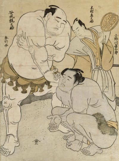 小野川喜三郎与谷风嘉之之助比赛的准备工作，木村庄之助担任裁判（彩色木刻版画） 作者 胜川俊章