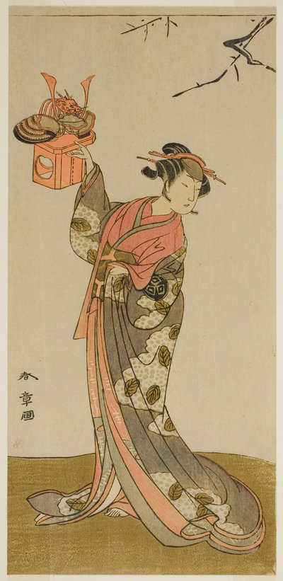 1773 年 4 月在市村剧场演出的话剧《五所樱堀川游知》中饰演花奴的演员岚雏治一世 作者 胜川俊章