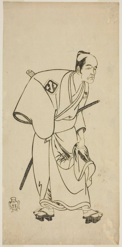 1768 年七月在中村剧场演出的《歌舞伎荻》（Ayatsuri Kabuki Ogi）中饰演平手一卫门的演员岚大藤八一世 作者 胜川俊章