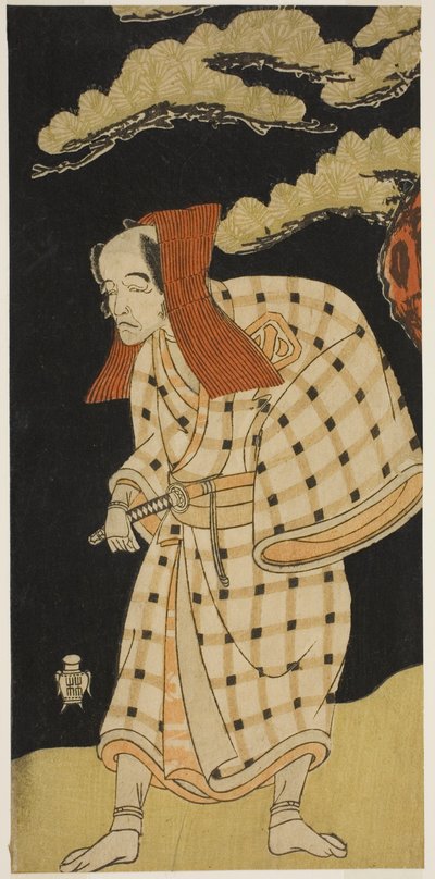 1768 年 11 月在市村剧场演出的话剧《Otokoyama Yunzei Kurabe》中饰演沼太郎久世（Numataro Kyusei）的演员岚大藤八（Aarashi Otohachi I），伪装成盗贼一本左卫门（Ipponzaemon）。 作者 胜川俊章
