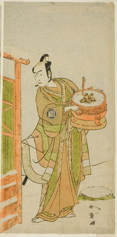 1772 年 11 月在森田剧场演出的《伊豆五代目柴之干将》中饰演伊藤九郎的演员岚三郎二世假扮班塔 作者 胜川俊章