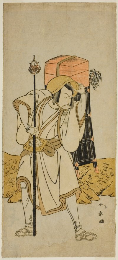 1773 年七月在盛田剧院演出的《宫吹岩尾之布台》中饰演森谷大神的演员市川团十郎五世，伪装成六条禄部的角色 作者 胜川俊章