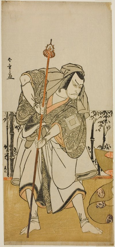 1777 年 11 月在中村剧场演出的《正仓院神栗之初行》一剧中扮作朝圣者淳于乔的平之正仓院演员市川团十郎五世 作者 胜川俊章