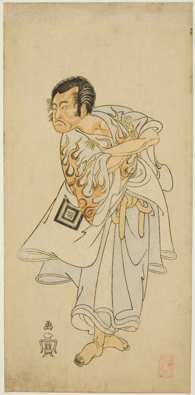 1768 年 3 月，市川团藏三世在森田剧场演出的话剧《鸣神》中饰演圣洁的隐士鸣神。 作者 胜川俊章