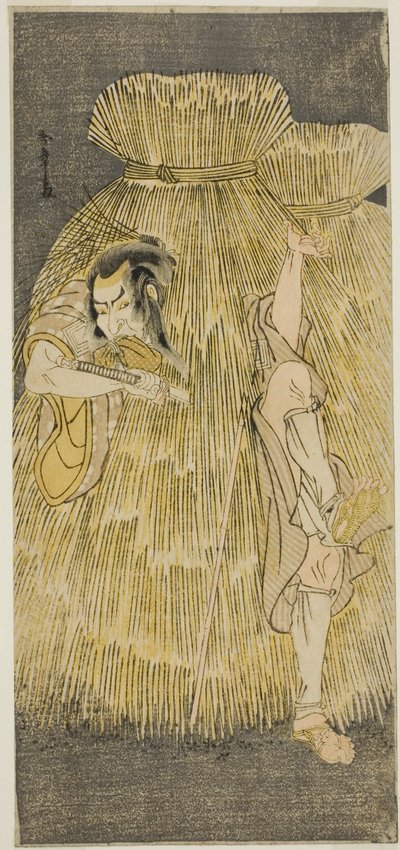 1781 年 3 月在森田剧场演出的戏剧《金德本中兴浦》中，演员市川团藏四世在贞九郎和阳一兵卫两个角色之间快速转换的场景 作者 胜川俊章