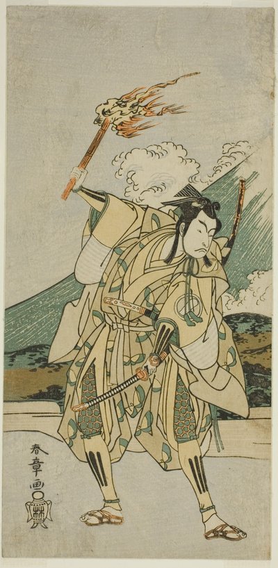 1772 年正月在中村剧场（？）演出的《春和曾我曙光之志》中扮演曾我五郎时宗的演员市川门之助二世（？ 作者 胜川俊章