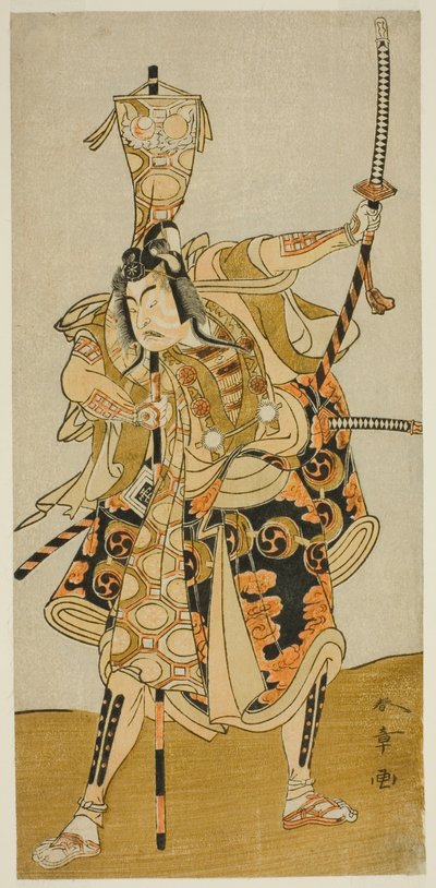 1772 年 11 月在中村剧场演出的话剧《Oyoroi Ebido Shinozuka》中饰演村上彦次郎义辉的演员市川雷藏二世 作者 胜川俊章