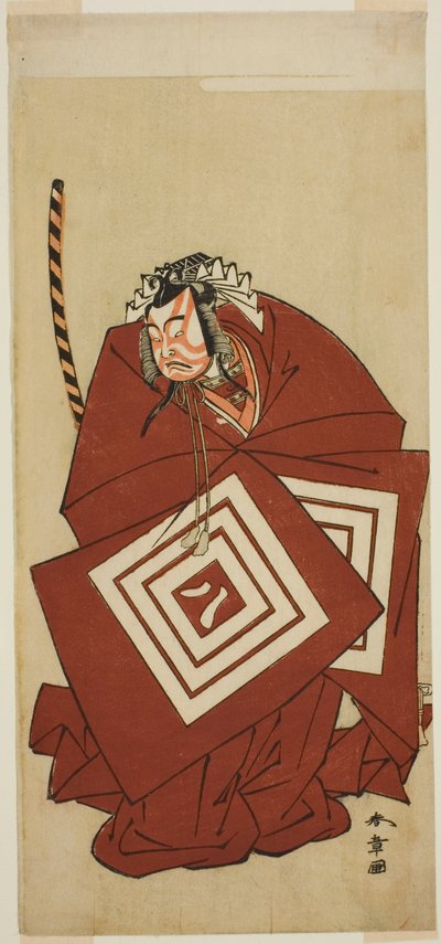 1774 年 11 月在市村剧场演出的话剧《智护樱珠山金》中饰演八尾丸的演员市川遥藏二世 作者 胜川俊章
